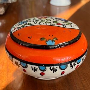 Handcrafted Orange and Blue Ceramic Trinket Box from Turkey